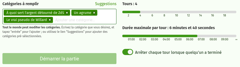 L'interface de configuration de la partie vu d'un joueur ou d'une joueuse lambda, avec le champ des catégories modifiable, mais le reste figé.