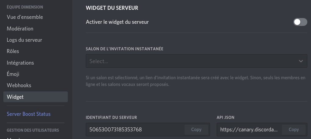 Section Widget dans le panel de configuration de Discord