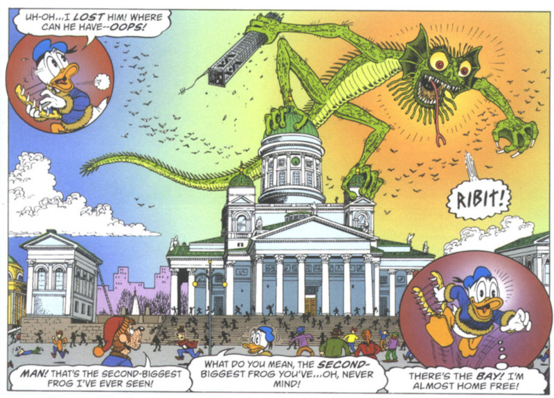 Donald débarrassant Helsinki d'Iku-Turso — © Don Rosa, La Quête du Kalevala.