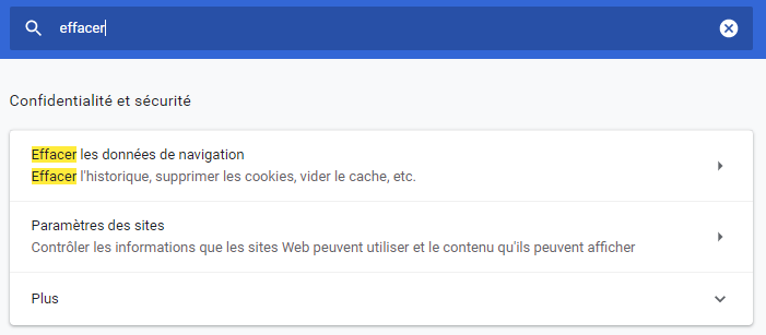 Recherche Effacer dans les paramètres Chrome