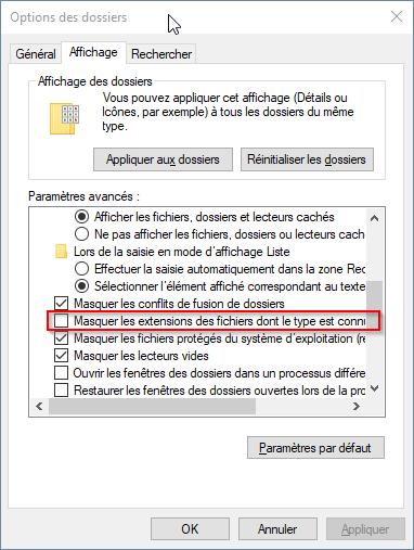 Décocher "Masquer les extensions connues"