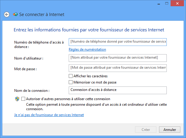 Informations nécessaires lors d'une connexion par modem