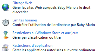 Les différentes rubriques du contrôle parental