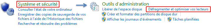 Ouverture de l'outil de défragmentation dans le panneau de configuration