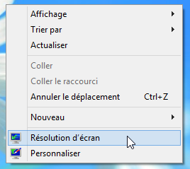 Menu contextuel du Bureau pour changer la résolution de l'écran