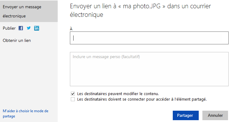 Options de partage de SkyDrive