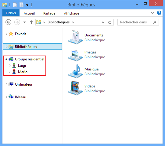 Les membres du groupe résidentiel apparaissent dans l'explorateur Windows