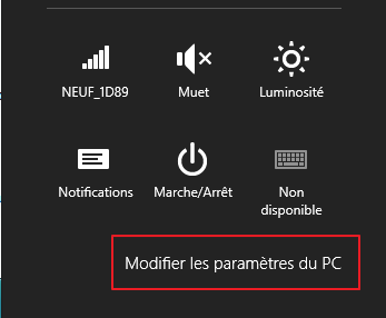 Lien Modifier les paramètres du PC dans le charm Paramètres