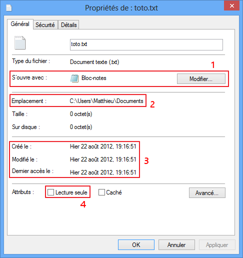 La fenêtre des propriétés d’un fichier
