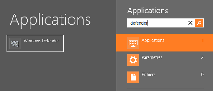 Ouverture de Defender grâce au charm Rechercher