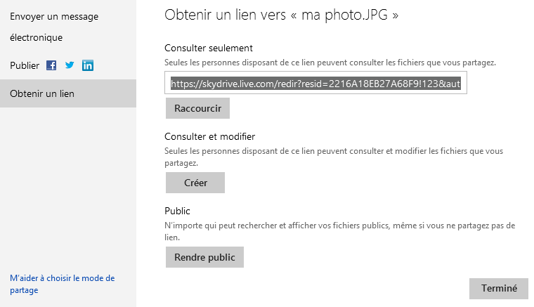 Obtenir un lien pour un fichier dans SkyDrive