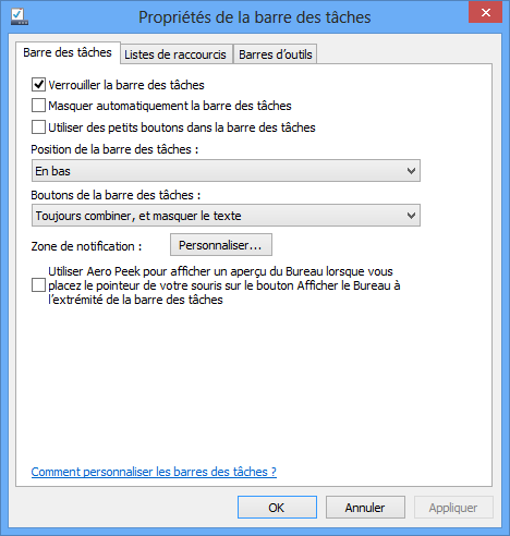 Propriétés de la barre des tâches