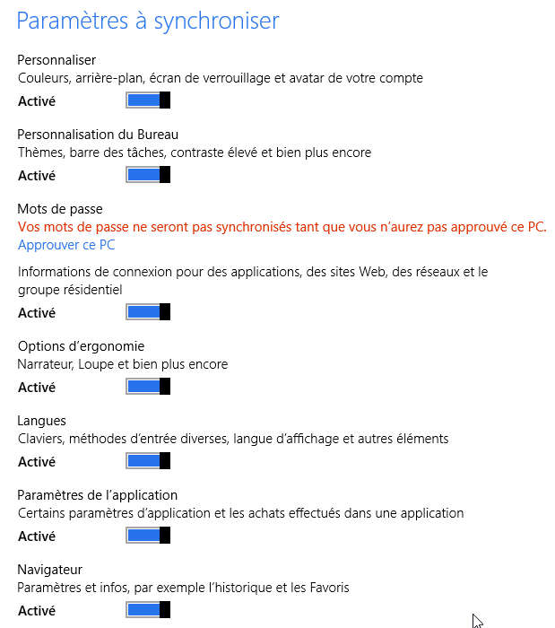 Choix des paramètres à synchroniser