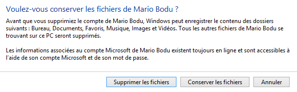 Choix de la suppression ou non des fichiers d'un compte