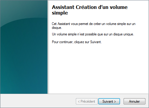 Assistant de création d'un nouveau volume : étape 1
