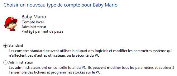 Choix du type de compte : standard ou administrateur