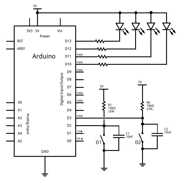 Deux boutons et quatre LED - Schéma