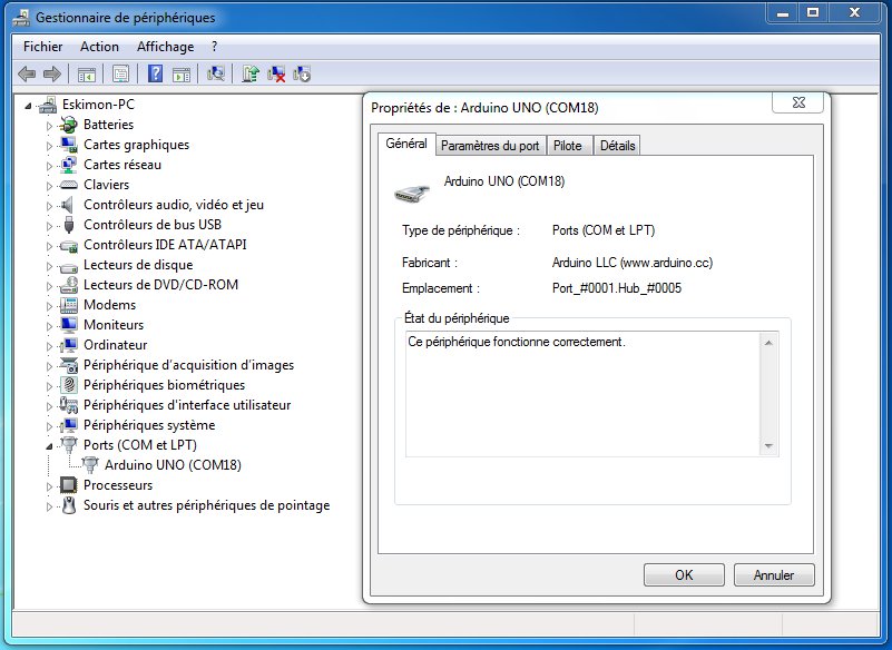 Le panneau de configuration Windows et la carte Arduino