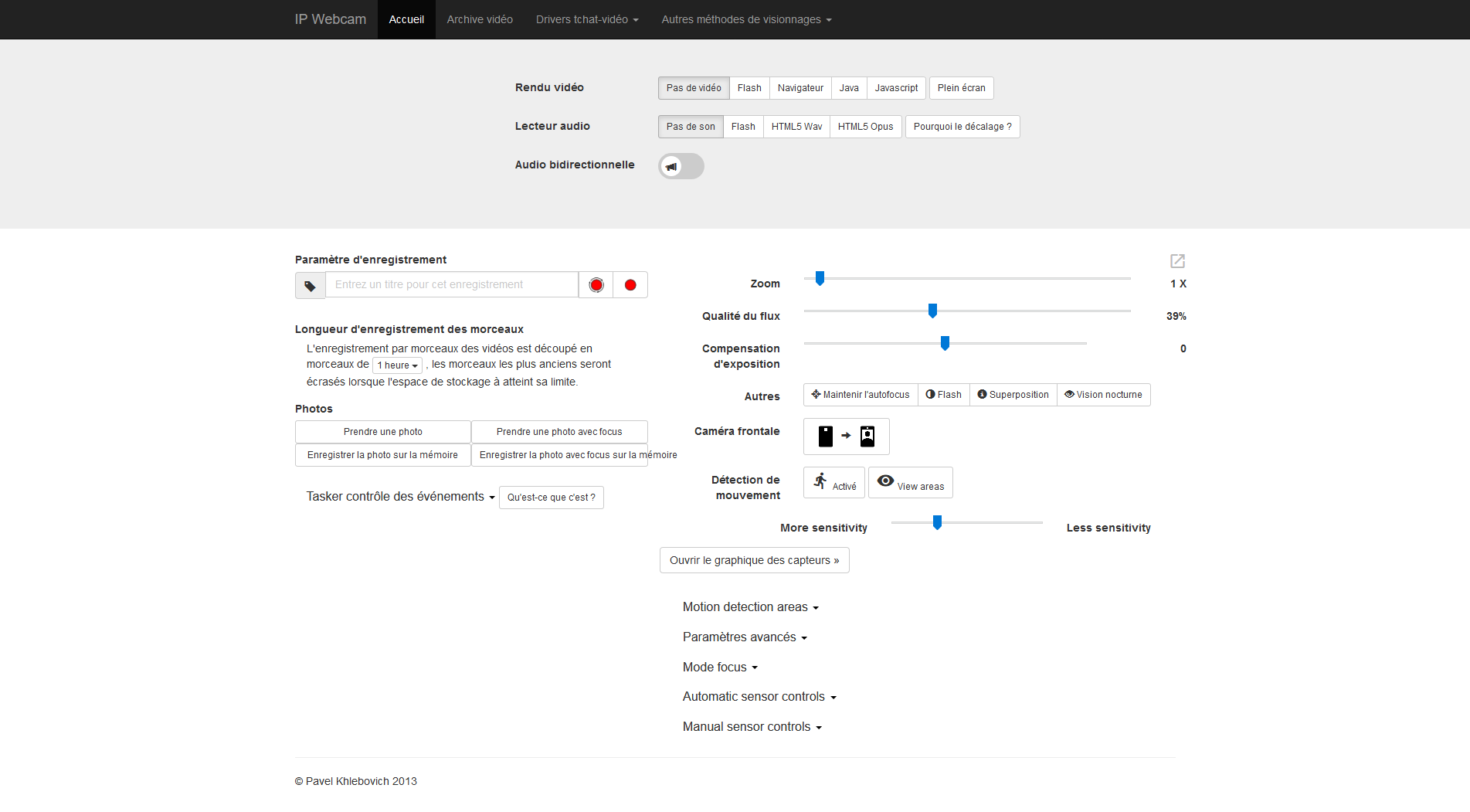 Page web proposée par IP Webcam